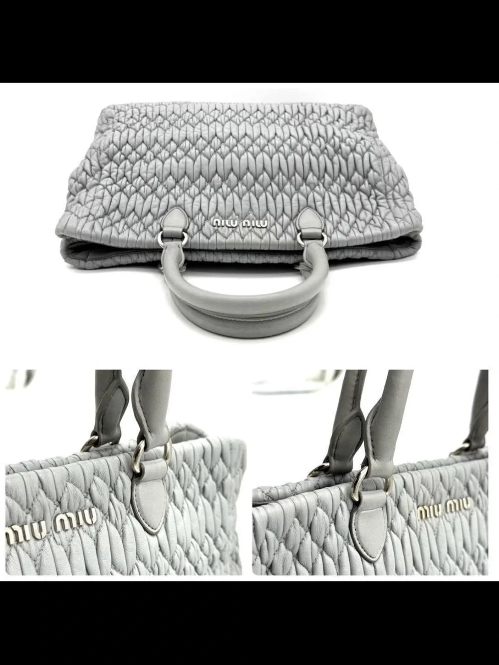 Miu Miu Silver-Gray Quilted Tote with Crystal-Embellished Chain